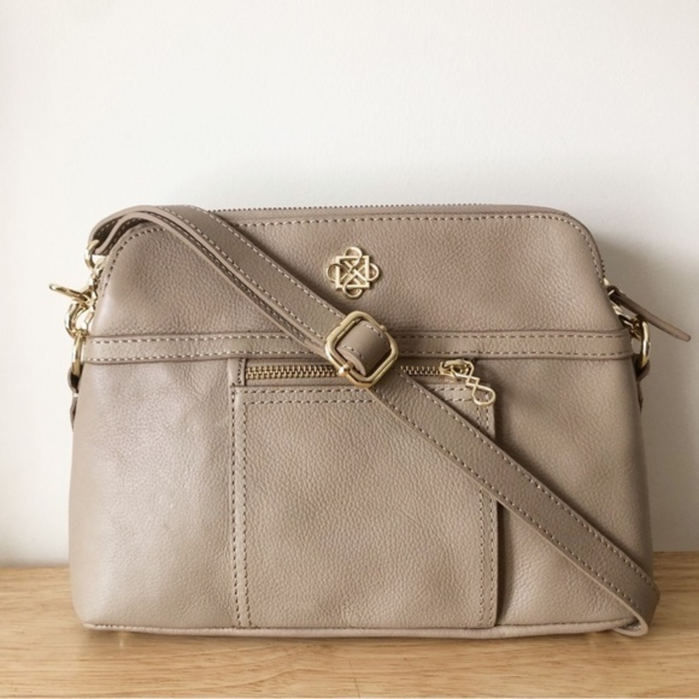 Piazza Pebble Grain Leather Multi-Compartment Top Zip Taupe Crossbody Bag